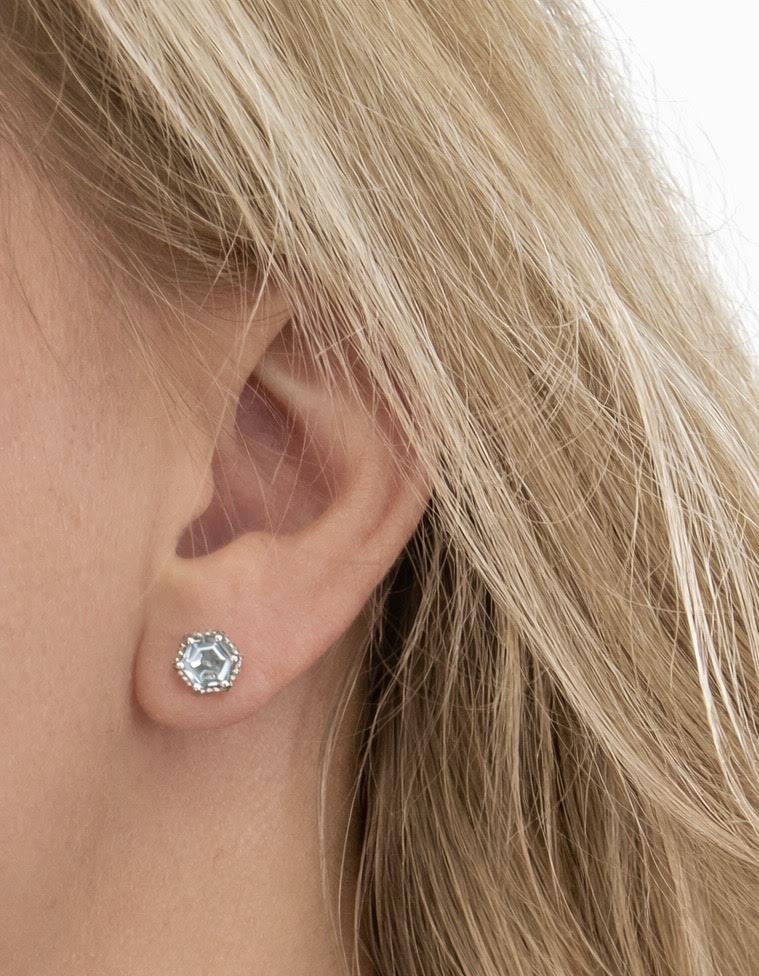 Aquamarine Hexagon Beaded Halo Studs