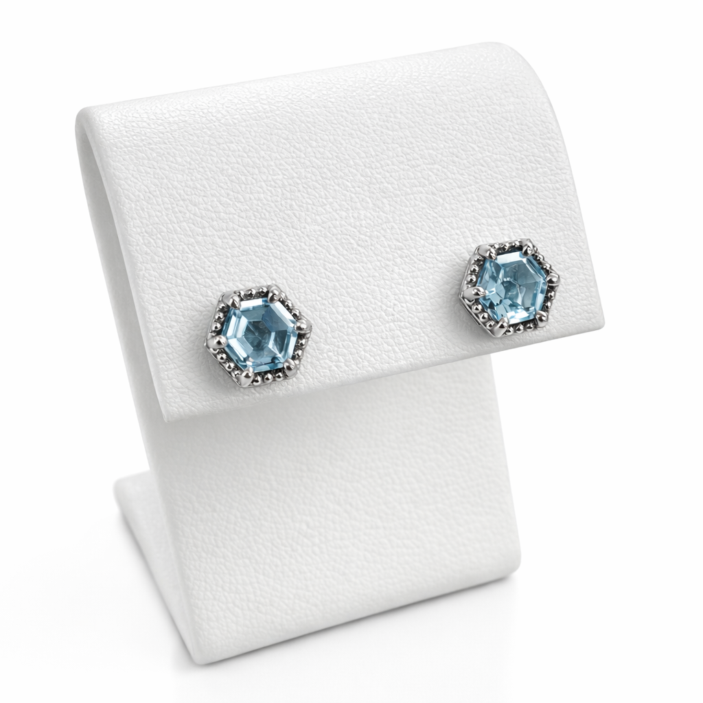 Aquamarine Hexagon Beaded Halo Studs