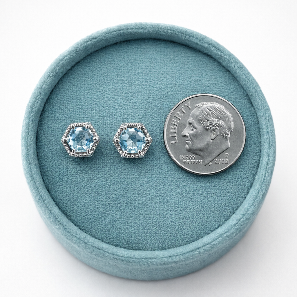 Aquamarine Hexagon Beaded Halo Studs