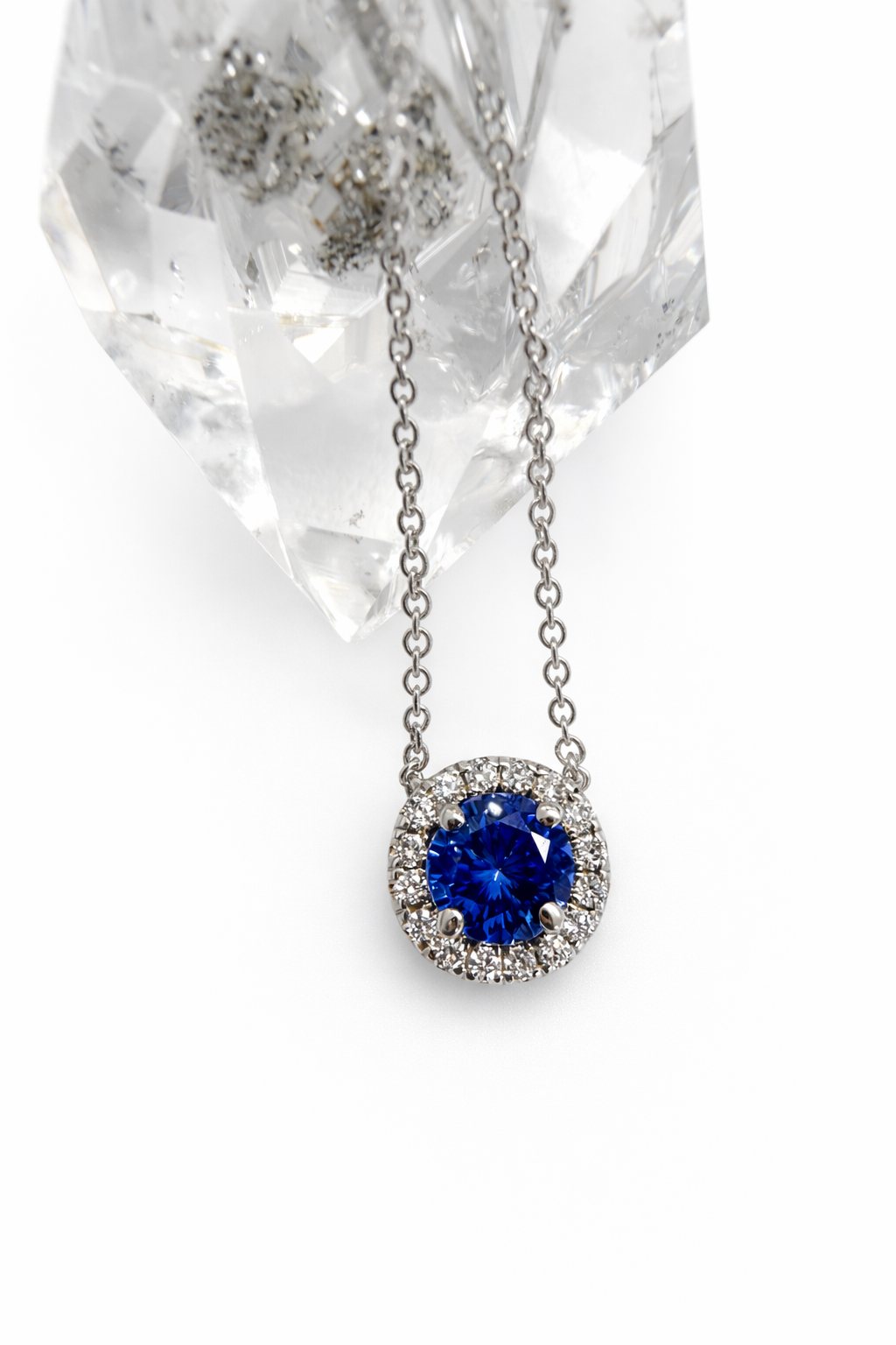 Blue Sapphire and Halo Pendant