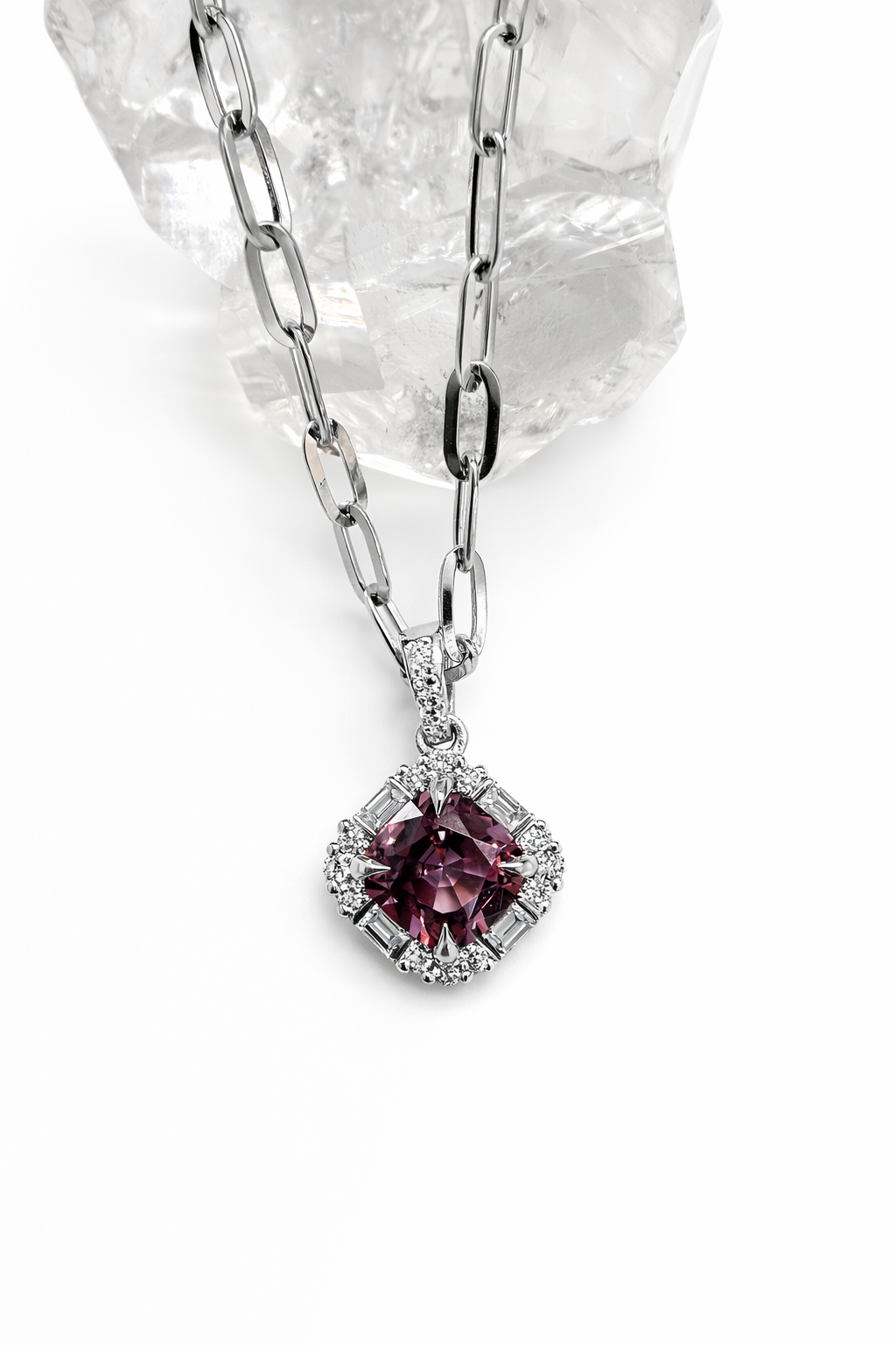 Pink Cushion Spinel and Diamond Halo Pendant