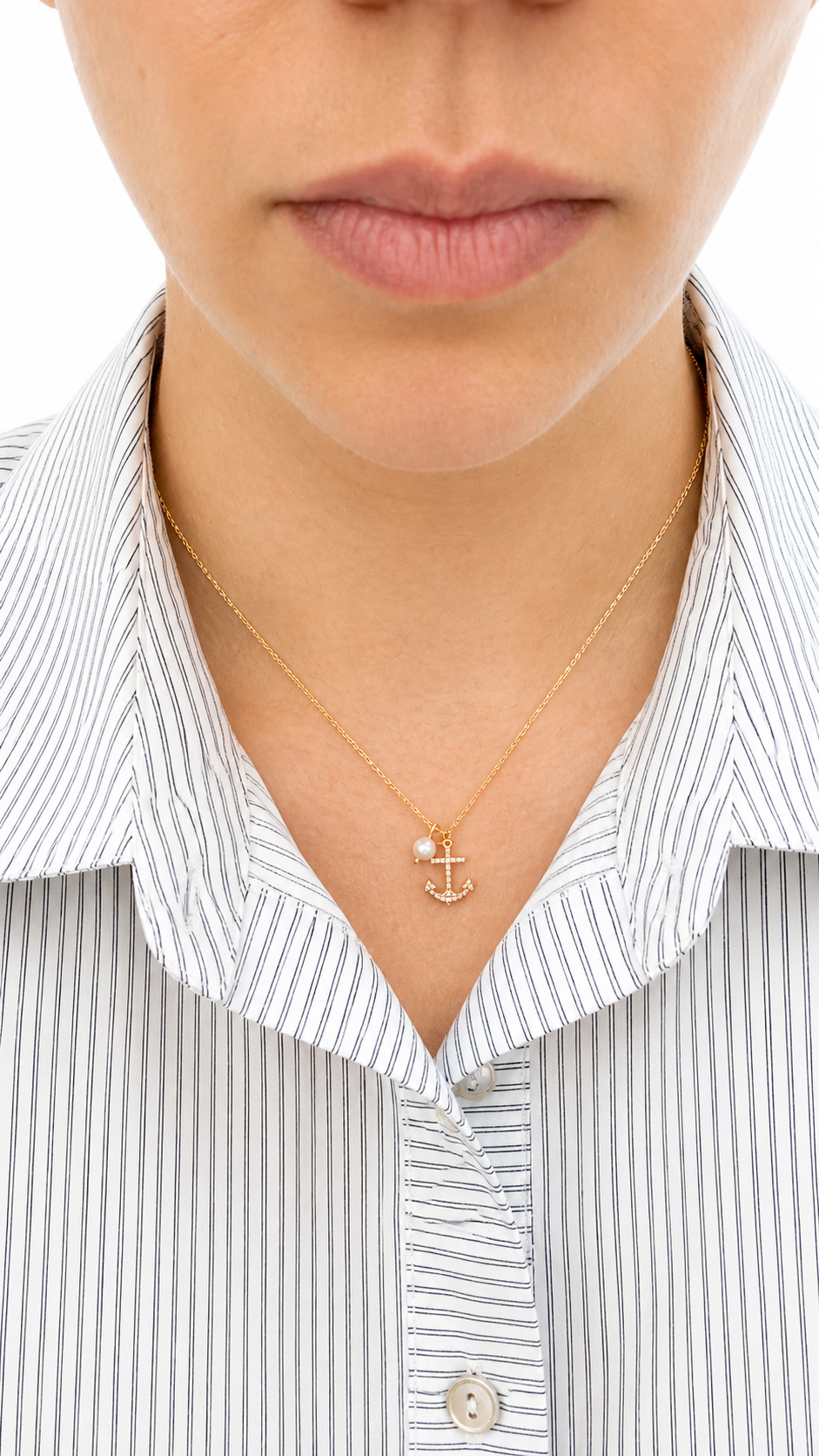 Diamond Anchor & Pearl Pendant