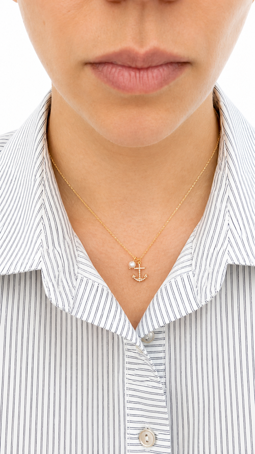 Diamond Anchor & Pearl Pendant