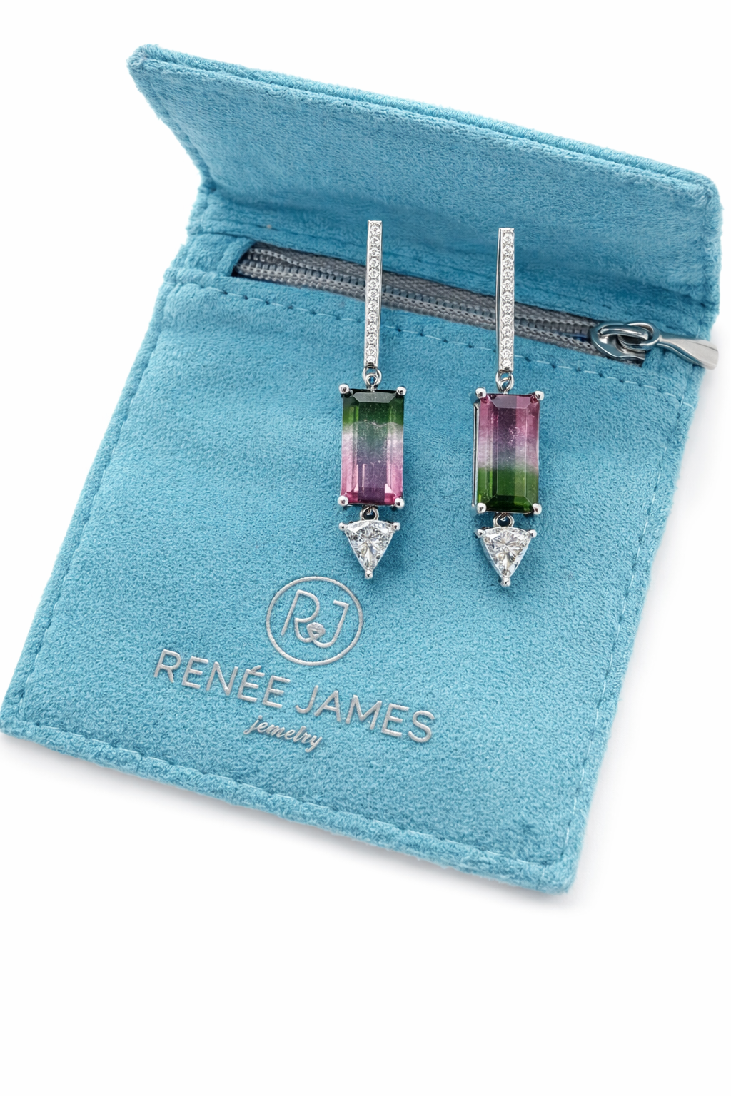 Watermelon Tourmaline & Diamond Trillion Drop Earrings