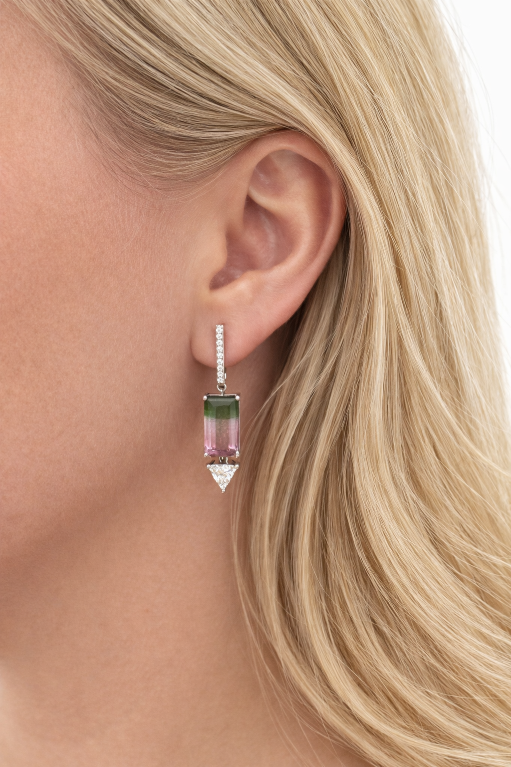 Watermelon Tourmaline & Diamond Trillion Drop Earrings