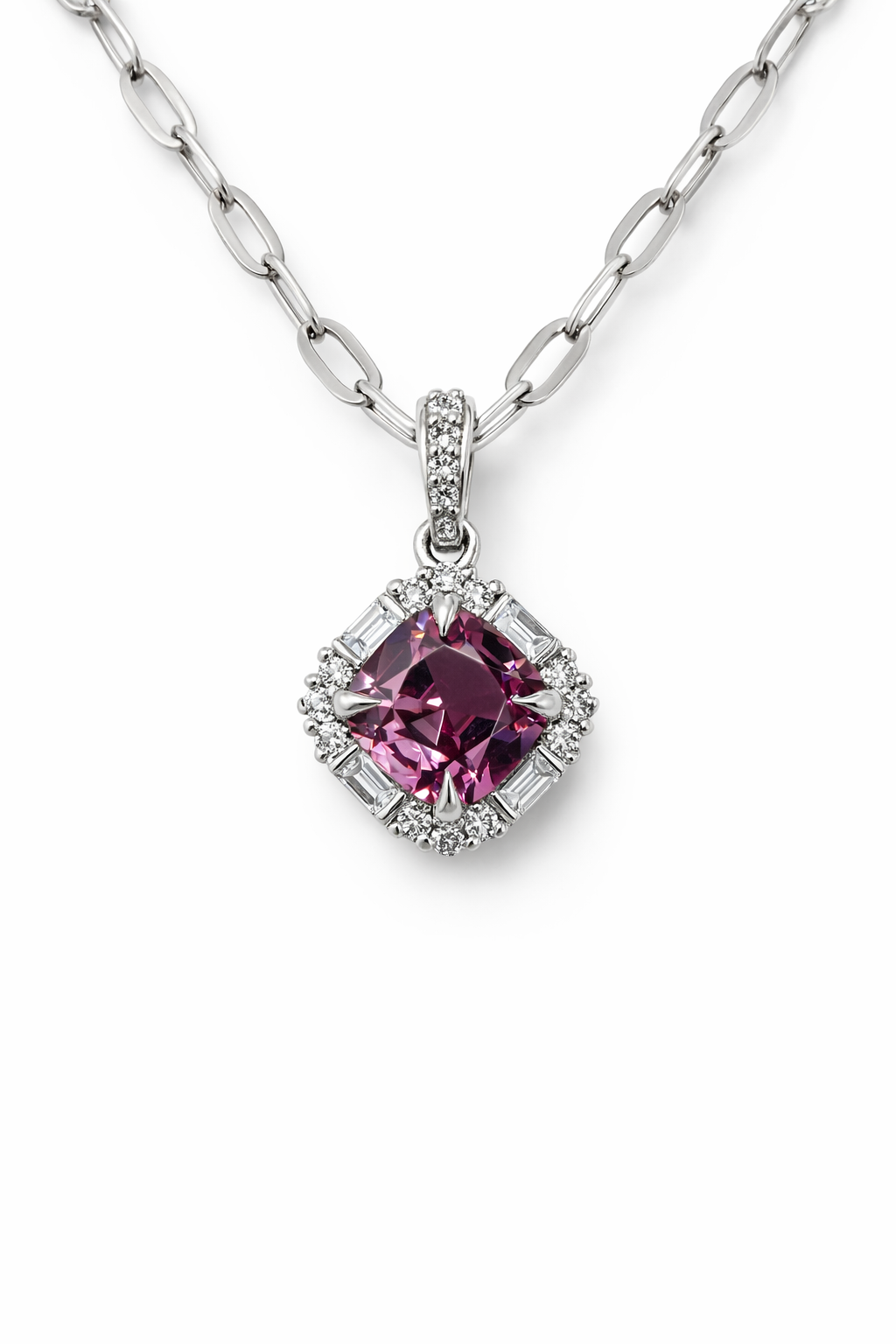 Pink Cushion Spinel and Diamond Halo Pendant