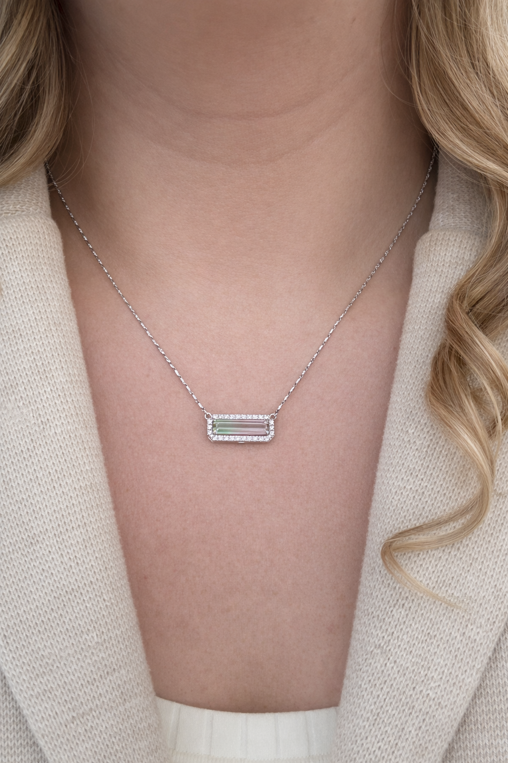 Watermelon Tourmaline & Diamond Bar Pendant