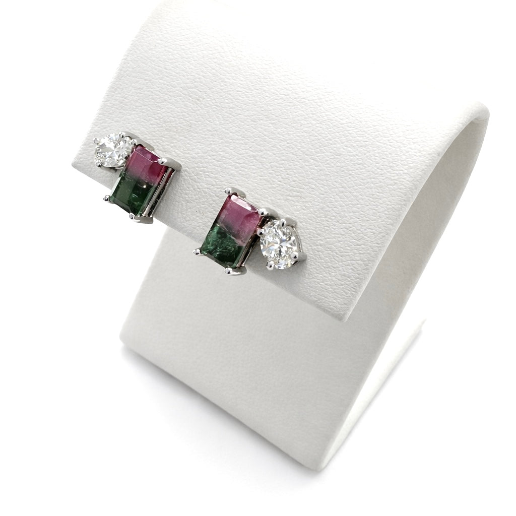Watermelon Tourmaline & Diamond Studs