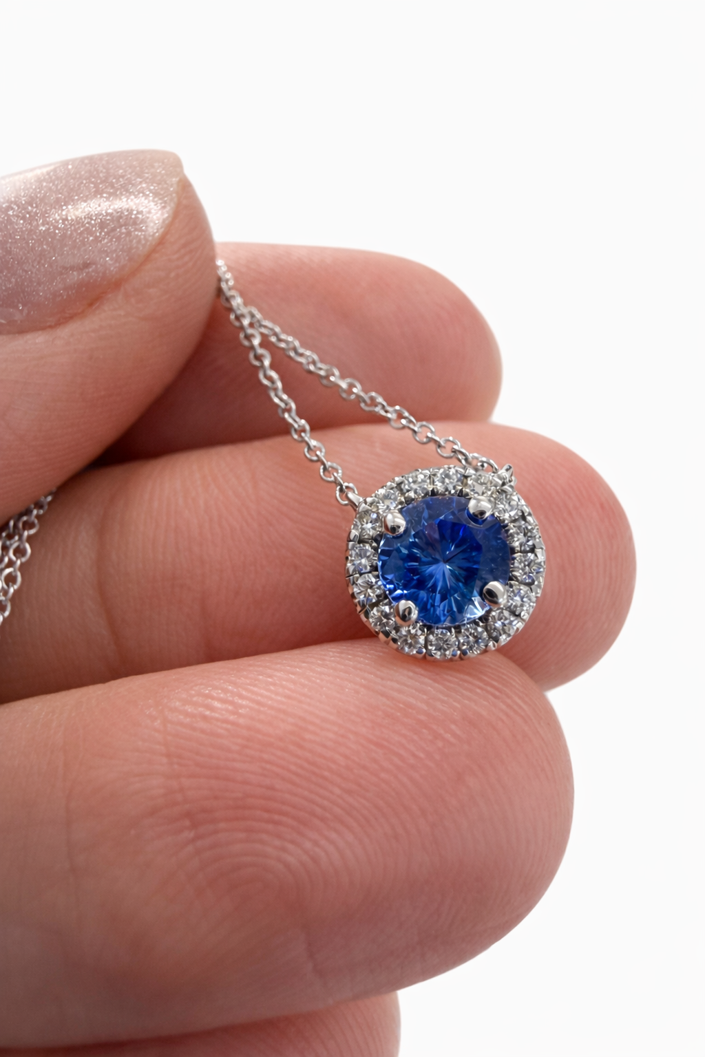 Blue Sapphire and Halo Pendant