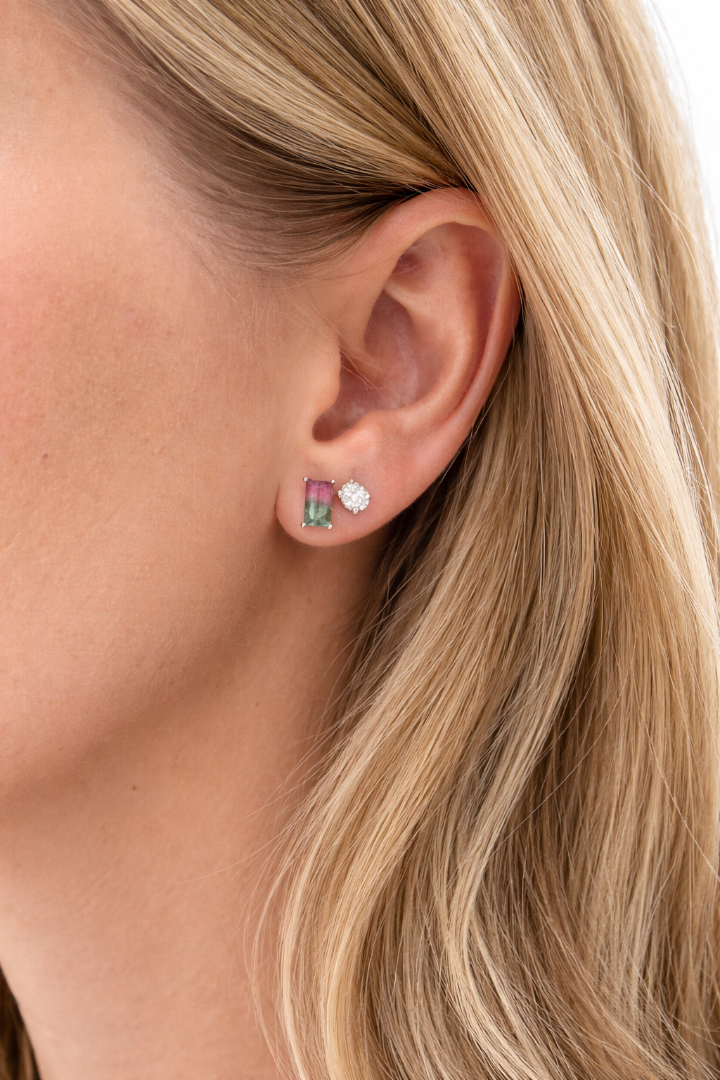Watermelon Tourmaline & Diamond Studs