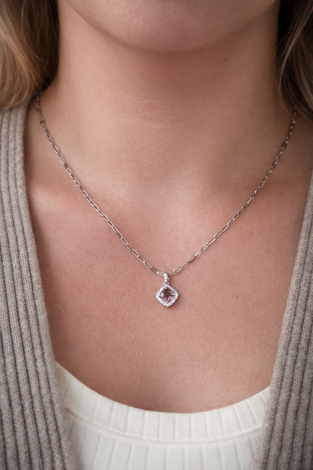 Pink Cushion Spinel and Diamond Halo Pendant