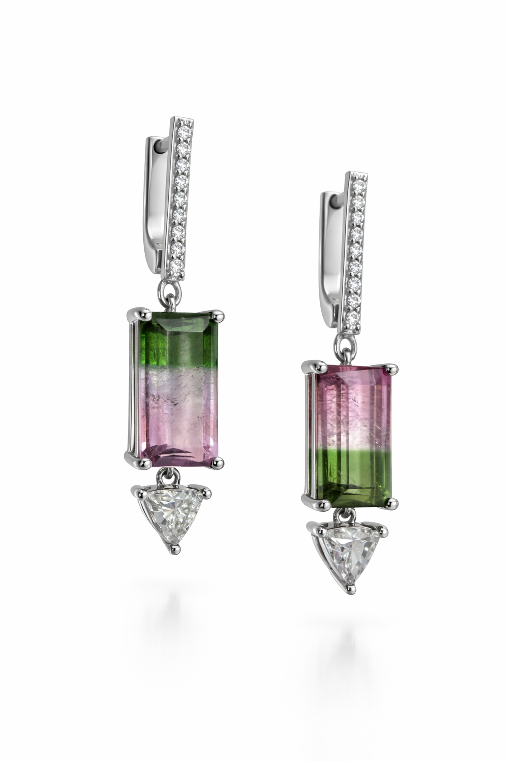 Watermelon Tourmaline & Diamond Trillion Drop Earrings