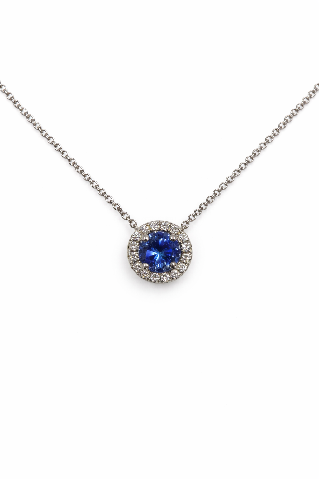 Blue Sapphire and Halo Pendant