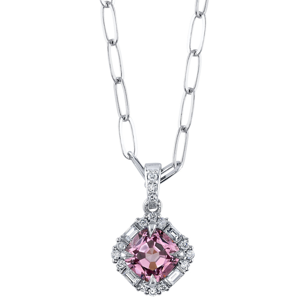 Pink Cushion Spinel and Diamond Halo Pendant