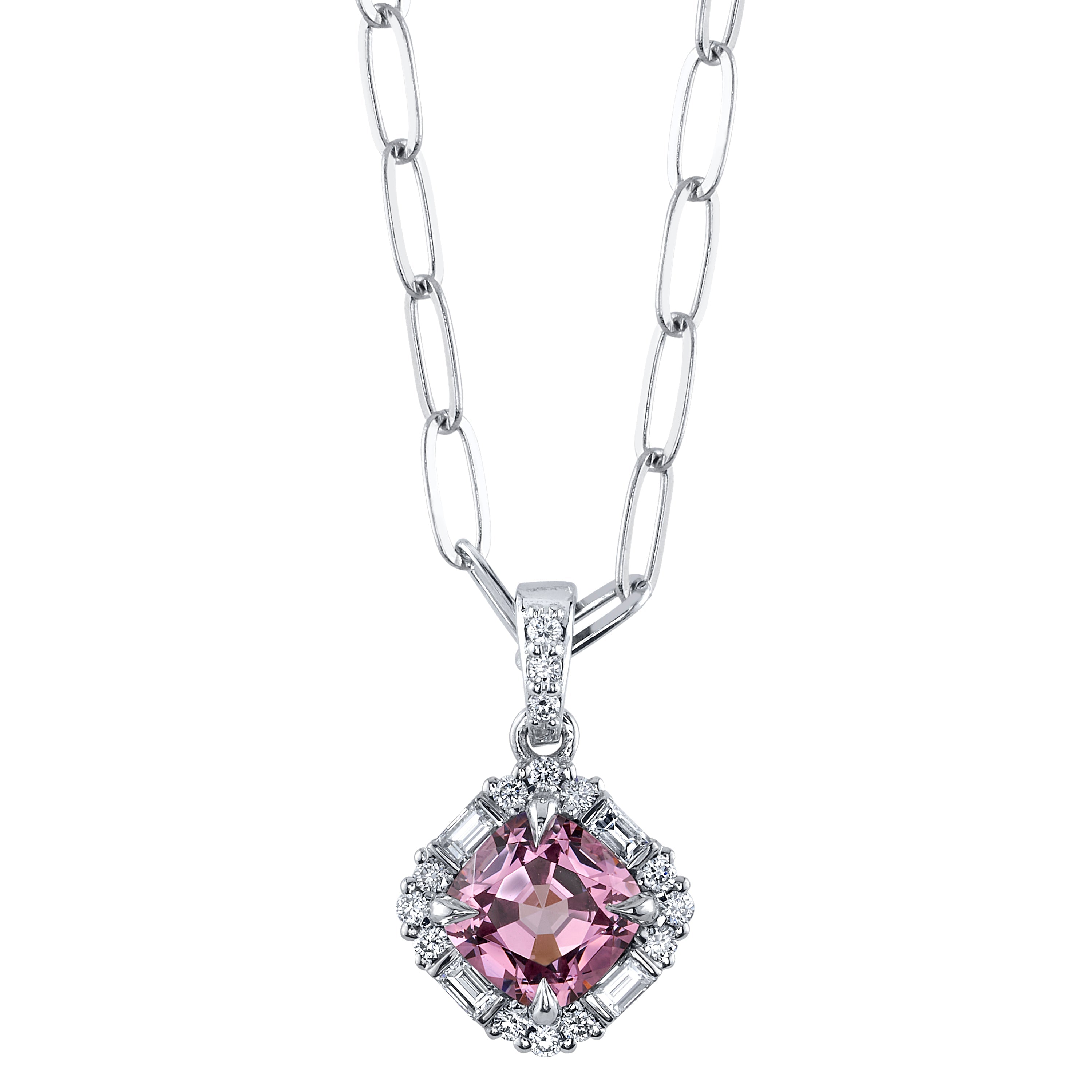 Pink Cushion Spinel and Diamond Halo Pendant