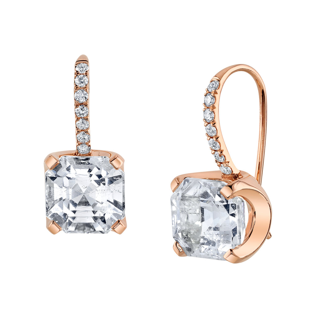 White Asscher Topaz & Diamond Drop Earrings