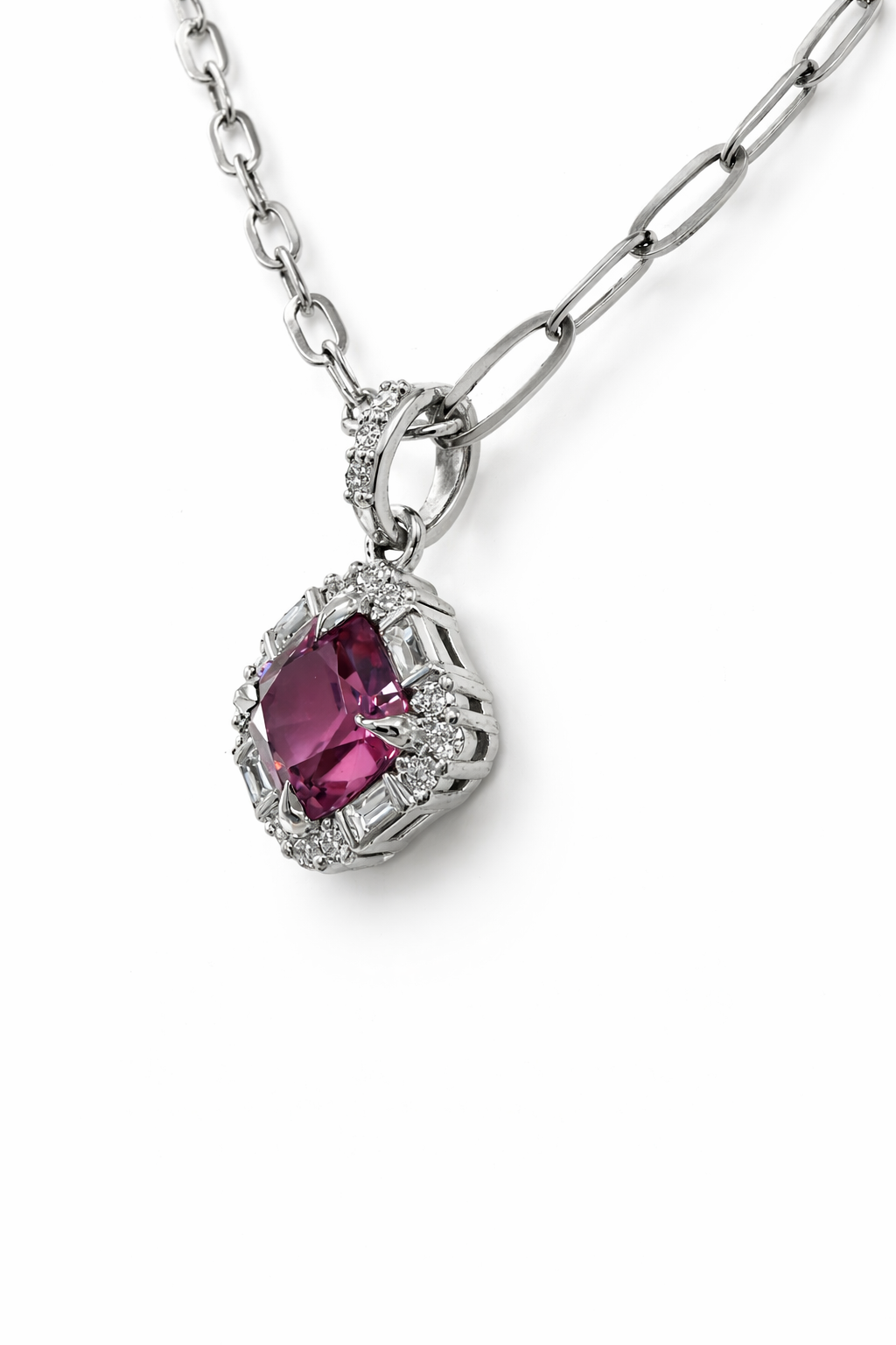 Pink Cushion Spinel and Diamond Halo Pendant